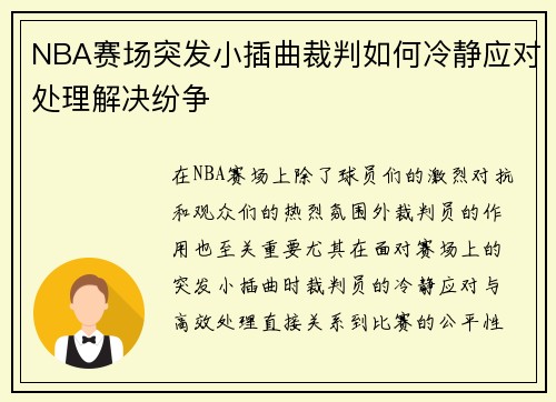 NBA赛场突发小插曲裁判如何冷静应对处理解决纷争 NBA赛场突发小插曲裁判如何冷静应对处理解决纷争