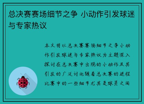 总决赛赛场细节之争 小动作引发球迷与专家热议